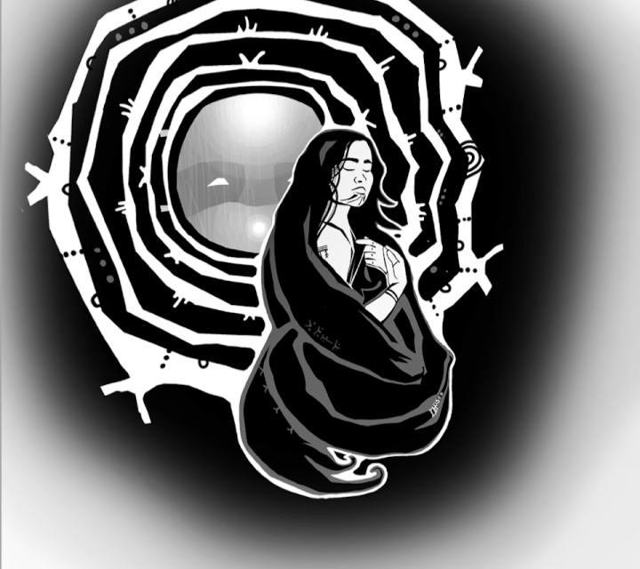 Alutiiq woman seated and wrapped in a blanket, with a drawing of the Alutiiq universe behind her.